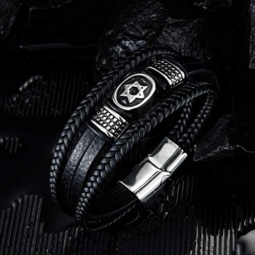 TEMICO Mens Black Leather Cuff Bracelet Multi-Layer Braided Leather Magen Star of David Bracelet Jewish Jewelry3
