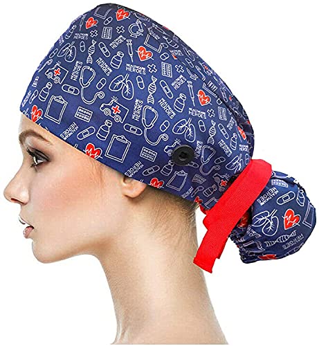 Adjustable Hat Working Head Cover Cap - Long Hair Style Scrub Cap Cotton Breathable Hat - 100% Cotton - One Size Fit Women & Men Cover
