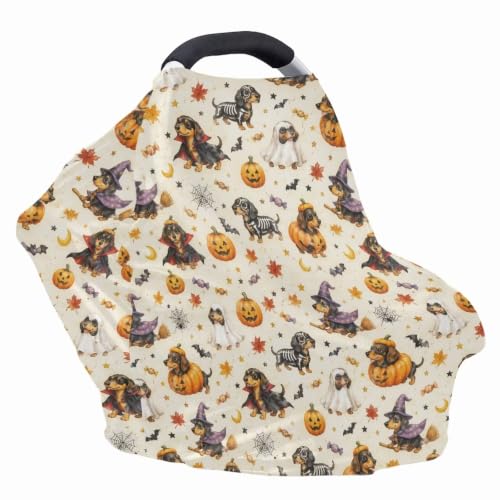 Image of Wanyint Stretchy Baby Car Seat Covers Carseat Canopy Baby Breastfeeding Stroller High Chair Shopping Cart Cover for Girls Boys Halloween Decor, Dachshund Pumpkin Ghost Bat