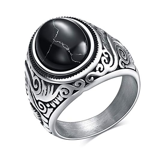 VQYSKO Anillo Hombre Acero Inoxidable Vintage de Piedra Turquesa Ojo de Tigre Turquesa Blanca/Negra Talla Grande (Turquesa Negra, 14)