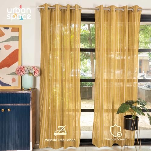 Image of Urban Space Aari Collection Weaved Sheer Curtains for Door 7 Ft Long, 40-50% Light Filtering Textured Curtains with Eyelets and Tieback, Set of 2 Decorative Curtains (Vertical Soft Brown, 7 Feet)