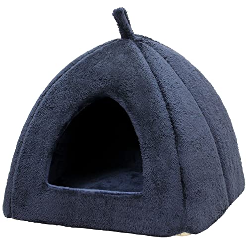 PetStyle ペットベッド 猫 犬 ベッド 冬 ハウス ドーム おしゃれ 洗える ペット 暖かい ふわふわ もこもこ ボア 犬用ベッド ネコベッド ピラミッドハウス Sサイズ (秋冬/ネイビー)