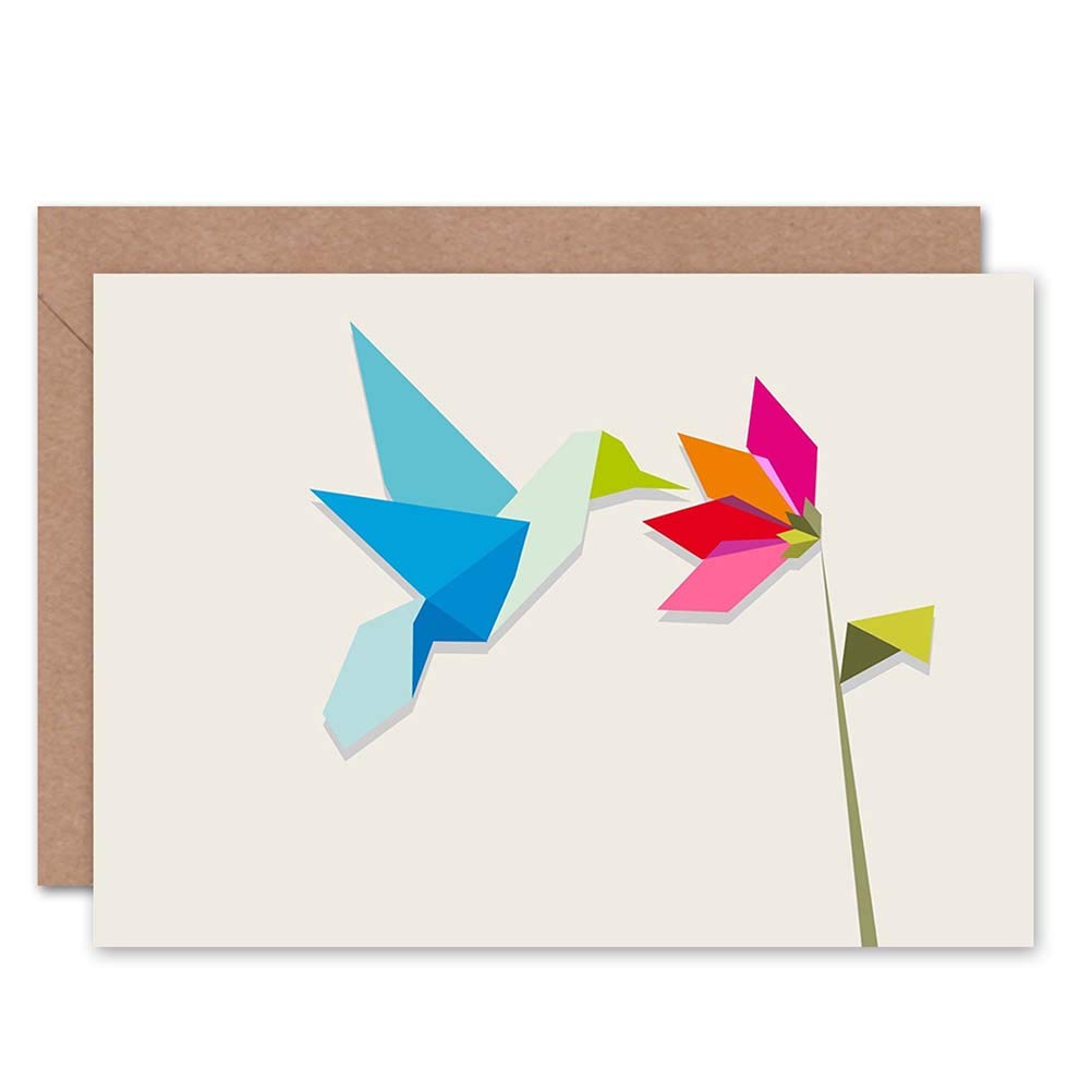 Origami Hummingbird Flower Blank Greeting Card With Envelope