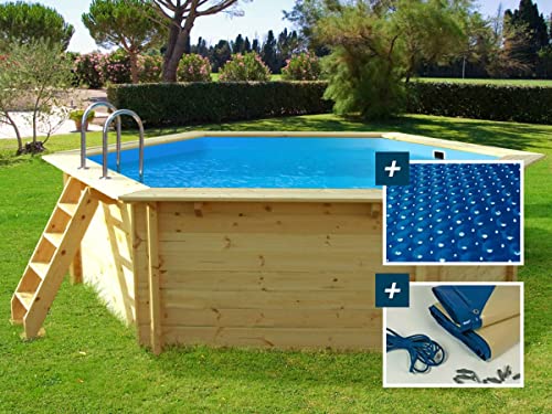 Habitat et Jardin Piscina de Madera Hawai - 4,10 x 1,20 m + Cubierta con Burbujas 180 + Cubierta de Invierno 280 gr/m²