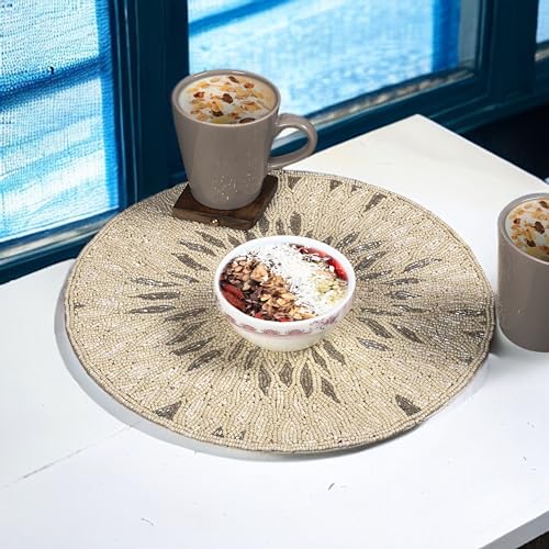 Beaded Placemats for Dining Table White Ivory Silver - Pack of 1 Measure 13 inches Beaded Placemats Round for Gathering, Thanksgiving - Occasional Decoration and Family Parties Celebrations.