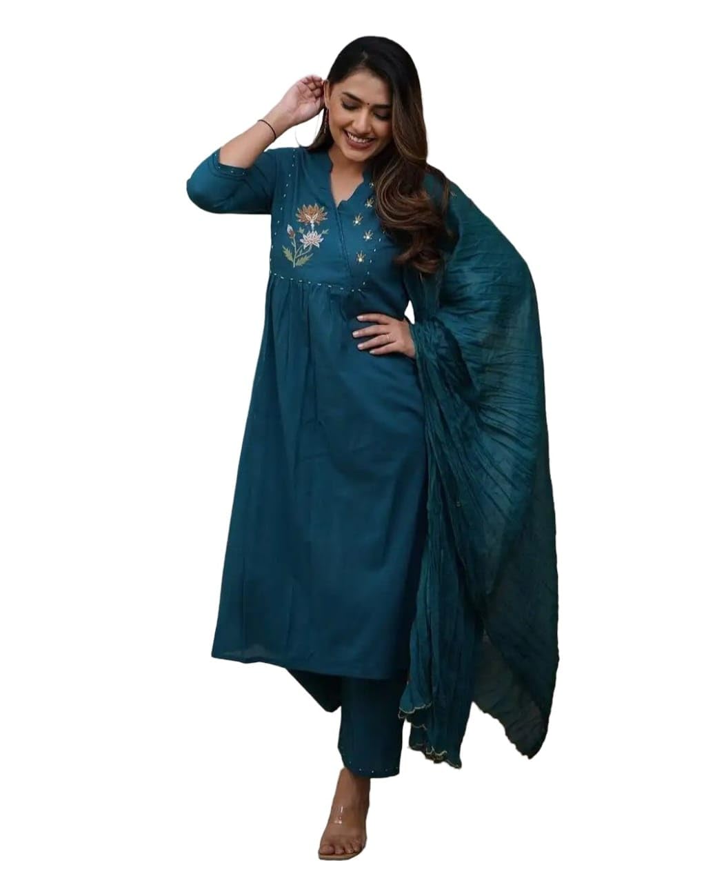 Embroidery kurti with pant and mechineg dupatta set (IN, Alpha, XL, Regular, Dark Green)