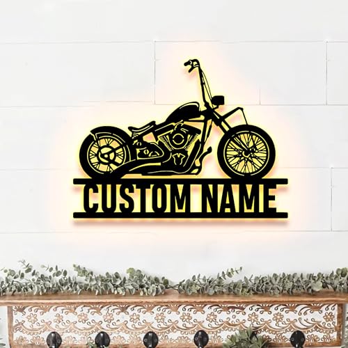 Image of Custom Motorcycle Metal Sign With LED Light, Motorcycle Metal Wall Art, Motorcycle Garage Name Sign Personalized, Garage Decor, Motocross Rider Gift