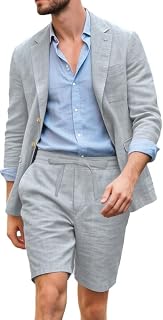 2 Piece Linen Men's Suits Casual Men Suit Summer Beach Wedding Dress Tux Prom Lightweight Blazer Jacket and Shorts Set
