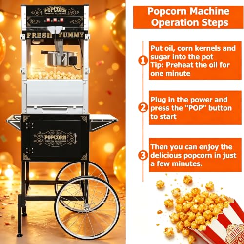 Image of 32oz Commercial Popcorn Machine with Wheels, Vintage Black Cart with Stand | 32OZ Stainless Steel Kettle, Tempered Glass Professional Pop Corn Maker, Large Capacity for Hallloween Parties, Home Theater