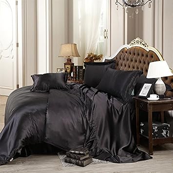 Luxurious Ultra Soft Satin Silk 4 Piece Bed Sheet Set with 21 Deep Pocket 1 Flat Sheet, 1 Fitted Sheet & 2 Pillowcases Twin Size, Black