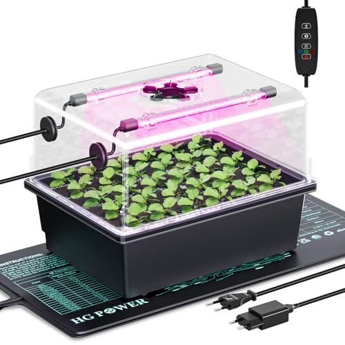 HG Power Mini Serra Germinazione con Lampada LED e Tappeti Riscaldati, Vassoio Germinazione 30 Celle con Cupola, Kit per Piantine, Ortaggi ed Erbe