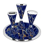Beau et robuste : un corps en métal plaqué nickel poli avec des améliorations exquises permanentes en marbre bleu et or. Superbe cadeau de Shabbat pour un hôte.