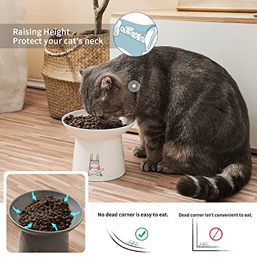 6.5 Inch Extra Wide Ceramic Raised Cat Bowls, Upgraded Elevated Porcelain Cat Food Water Bowl Dish, Stress Free Pet Feeder Bowls Dishes For Elder Big Cats & Small Dogs, White & Grey #TOP4
