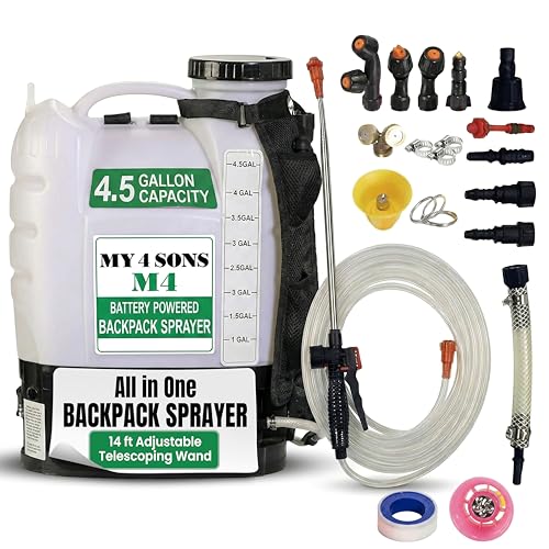 Backpack Sprayer - MY4SONS M4 4-Gallon Battery Powered - Cordless Electric Pump, Adjustable Wand, Waterproof Tank, Powerful 80 PSI Pump, Ideal for Garden, Lawn, Field, Fertilizers & Concrete Sealing