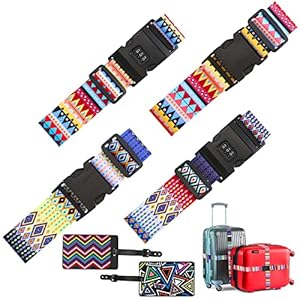 4Pcs Luggage Straps for Suitcases + 2Pcs Luggage Tags, Adjustable Suitcase Belts Strap Suitcase Belts Security Straps with Coded Lock, Bohemian Style