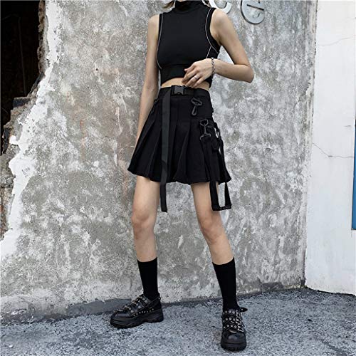 MAOSUO Minissaia cargo feminina gótica punk com fivela de cintura alta, bolso com zíper, plissada, m