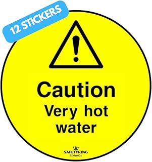 SAFETYKING® 12 x Caution Hot Water Stickers 68mm Diameter | Caution Very Hot Water Stickers | Caution Hot Water Signs | Caution Hot Very Hot Water Signs | Hot Water Sticker | Hot Water Sign