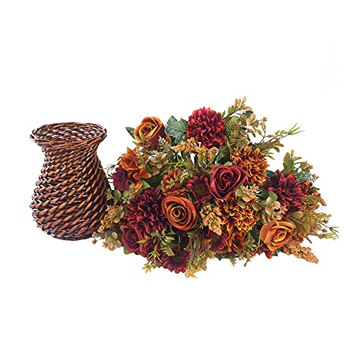 Inqcmy Fall Artificial Flowers With Vase,Silk Flower Arrangements,Artificial Rose Bouquets In Handmade Rattan Vase For Home Office Table Kitchen Desktop Dinning Room Decoration (Brown) #TOP5