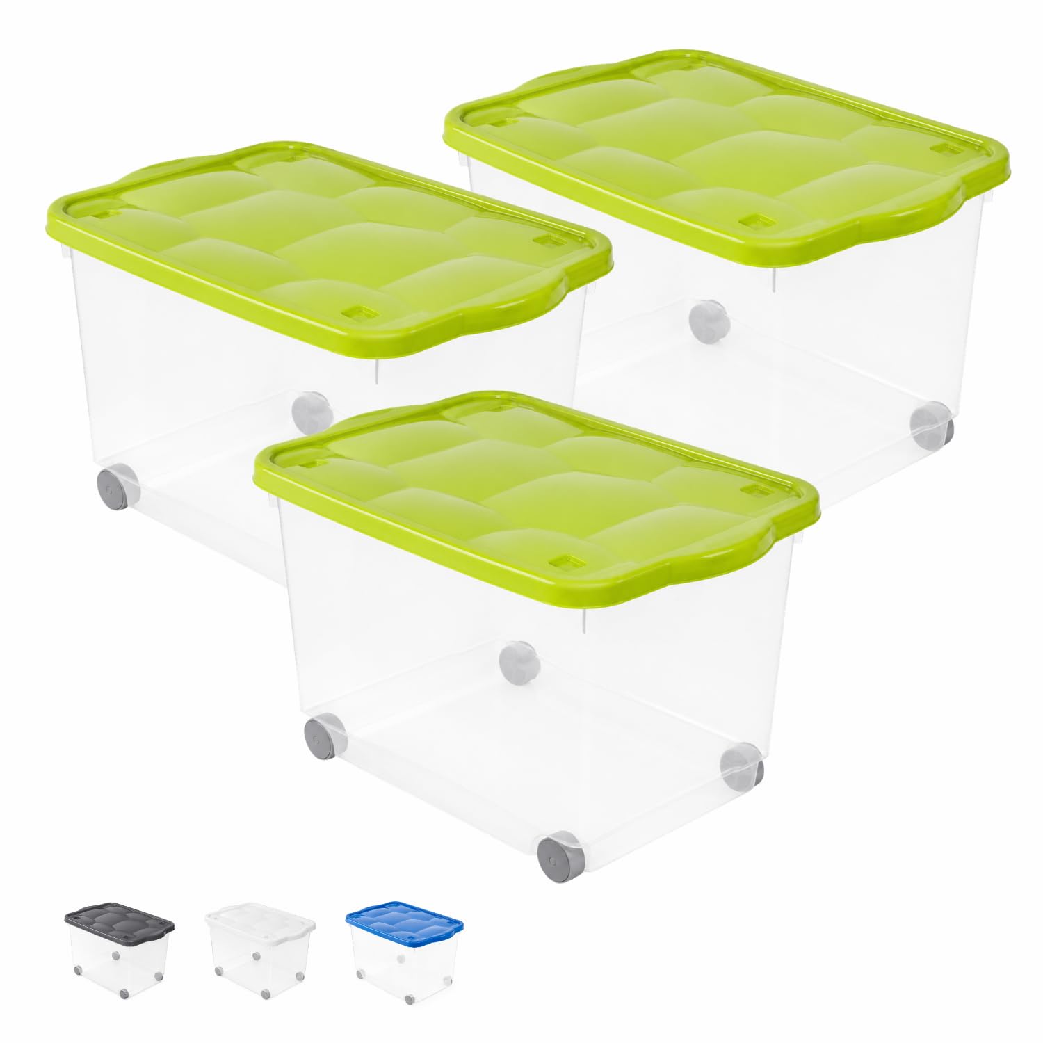 VIRSUS 3 Contenitori Multiuso con Ruote 701, misura 60x40x36 cm e capacità 55 Lt, Porta biancheria Trasparente, Organizer con coperchio, box salvaspazio per Scarpe, Vestiti, Giocattoli (Verde)