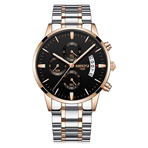 Relojes Hombre Crongrafo Reloj de Pulsera Calendario con Correa de Acero Inoxidable Elegante, Oro Rosa-Plateado