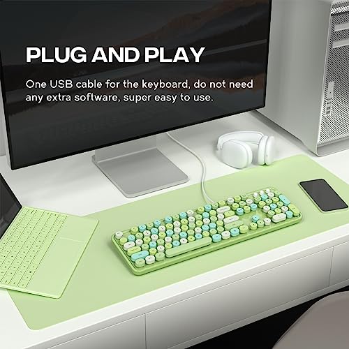 Image of Atelus Computer Keyboard Wired, Typewriter Style, Plug Play USB Keyboard with Large Number Pad, Caps Indicators, Foldable Stands, Full Size Wired Keyboard for Windows PC Laptop (Green Colorful)