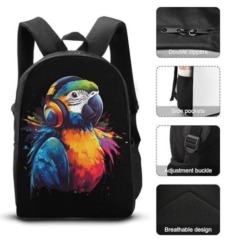 Parrot Wearing Headphones Large Travel Backpacks Carry on Backpack Weekender Bag with 2 Storage Pockets for Men And Women3