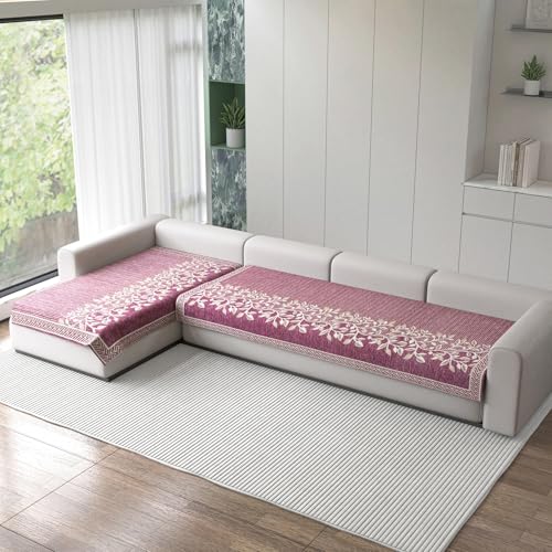 Image of Nendle Superior Velvet Floral Sofa Mat 5 Seater Set Durable Protector for Living Room Mat 3 Seater and 2 Seater, Suitable for L Shape, Sectional and U Shape Sofa (Pink, Pack of 2)