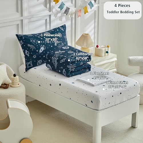 Image of 4 Pieces Toddler Bedding Set for Boy,Space Toddler Bed Comforter Set,Soft and Breathable Microfiber Crib Sheet Set,Includes Quilted Comforter, Flat Top Sheet, Fitted Sheet, Envelope Pillow Case -Blue