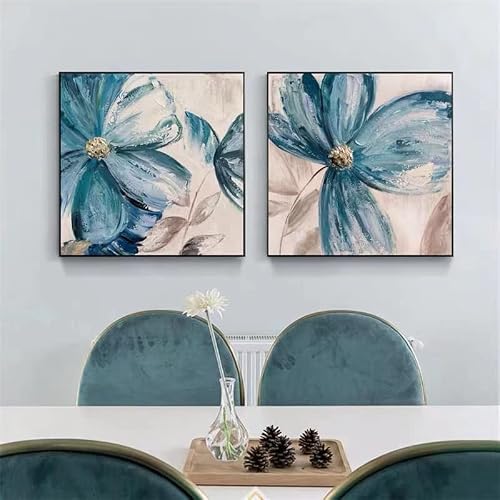 Modern Canvas Wall Art Flower Oil Painting Hand Painted Contemporary Blue Floral Pictures With Black Framed Artwork for Living Room Bedroom Kitchen Decoration 24x24Inch x2pcs