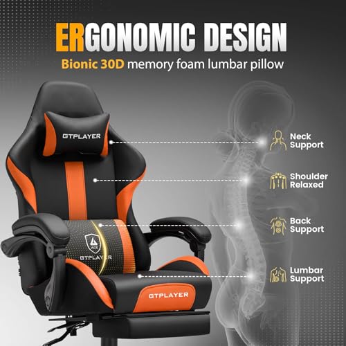 Image of GTPLAYER Gaming Chair with Pocket Spring Cushion, Leather Office Chair with Ergonomic High Back & Lumbar Support for Back Pain Relief, Computer Game Chair for Adults, Orange