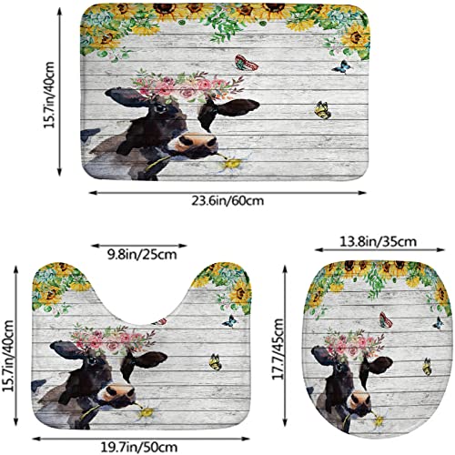 Badezimmerteppich-Set, 3-teilig, Bauernhaus-Kuh-Sonnenblumen, rustikaler Scheunenholz-Hintergrund, waschbare Badteppiche, rutschfest, mit Rückenpolster, Konturteppich und Toilettendeckelbezug – Bild 3
