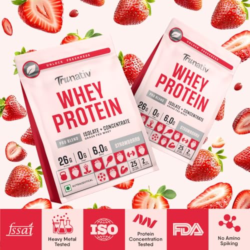Image of Trunativ Pro Blend Whey Protein Powder Isolate & Concentrate | 100% Light & Clean Protein Powder | 26g Protein | 6g BCAA | 12.52g EAA | No added sugar | Strawberry 2lbs (907g)
