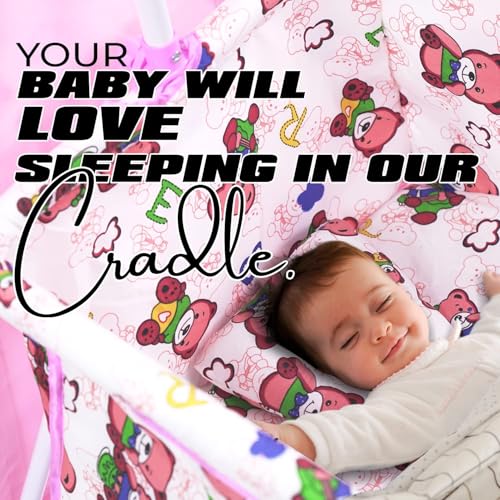 Image of PANDAORIGINALS Jumbo Baby Cradle|Soft Cushion Baby Jhula /Paalna Cute cot with Mosquito Net for 0-9 Months Boys and Girls Super Strong Soft Cushion and Swing Lock Function (Panda Pink)
