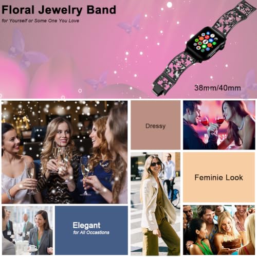 Image of Floral Band for Apple Watch Band, Women, Black, 38 /40 /41 /42mm | Bling Crystal Bracelet Hollow Metal Strap, Delicate & Chic, Fits iWatch series 11 /10 /9 /8 /7, Ideal for Everyday & Casual