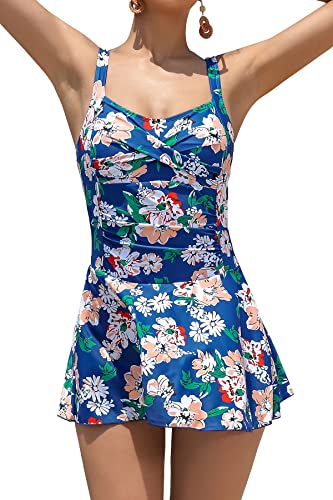 SHEKINI Traje de baño de una Pieza para Mujer Twisted Retro Traje de Baño Ajustable Vestido de Natación Camino Ruched Control Bañador Traje de Baño para Mujer, Blau-LD, L