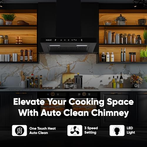 Image of Cadlec PeakFlow 60cm Filterless T-Shape Kitchen Chimney | 1400 m /hr Powerful Suction | Auto Clean with Oil Collector | Feather Touch + Gesture Control Technology | 20-Year Warranty | Black