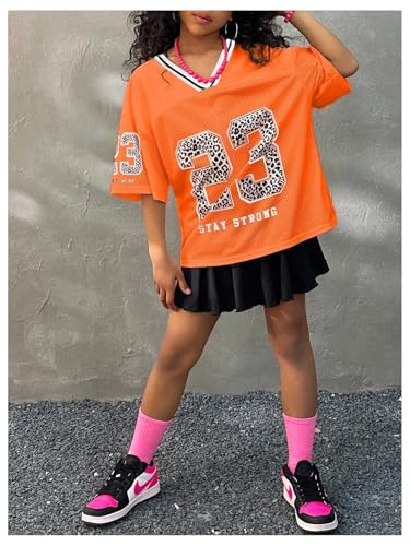 Image of Floerns Girl's Jersey Shirt Printed Oversized Short Sleeve Mesh Tee Shirts V Neck Sport Jersey Shirts