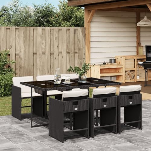 LoogCape Juego de comedor de jardín de ratán sintético negro con cojines, sillas plegables y tablero de cristal templado, resistente a los rayos UV, ideal para terraza y balcón