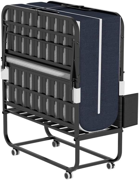 Folding Bed with Mattress for Adults,Portable Roll Away Bed with Wheels,5" Thick Memory Foam Mattress Metal Foldable Bed Frame for Guest Hideaway Rollaway Bed Space Saving