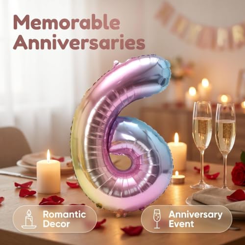 Image of YPSelected 32 Inch Large Foil Helium Number Balloon Birthday Wedding Party 0-9 (Rainbow, 6)