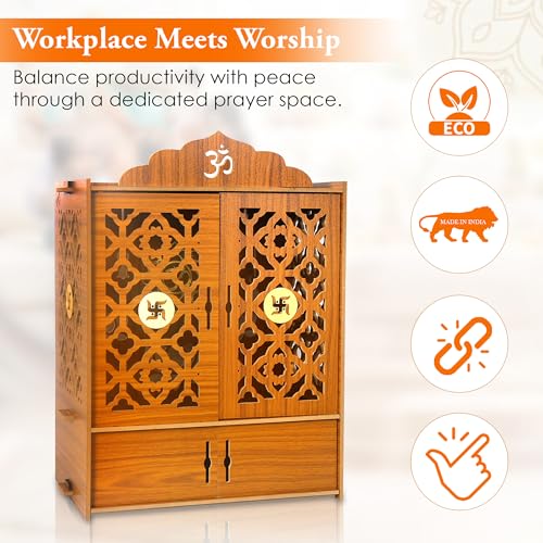 Image of GLUN Pack of 1 Wooden MDF Temple Mandir for Home & Shops, Size 21x16x10 Inch 1 Piece LED Light & Complete Wall Mount Kit with Door & Cabinet with Storage Space, Assembly Required, Pooja Mandir