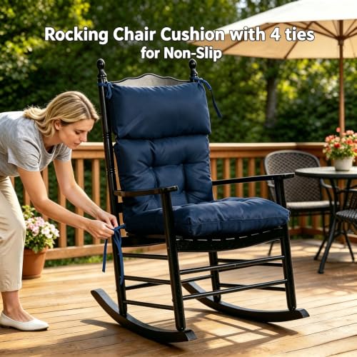 Image of QILLOWAY Outdoor Rocking Chair Cushions Set of 4, 100% Polyester Waterproof Patio Rocking Chair Cushion, High Back Weatherproof Chair Pad for Adirondack & Outdoor Furniture, Navy