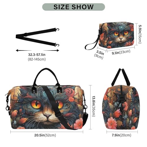 Large Travel Duffel Bag, Fantasy Flower Cat Sports Tote Gym Bag, Shoulder Weekender Overnight Bag for Women Men, Carry On Luggage with Toiletry Bags3