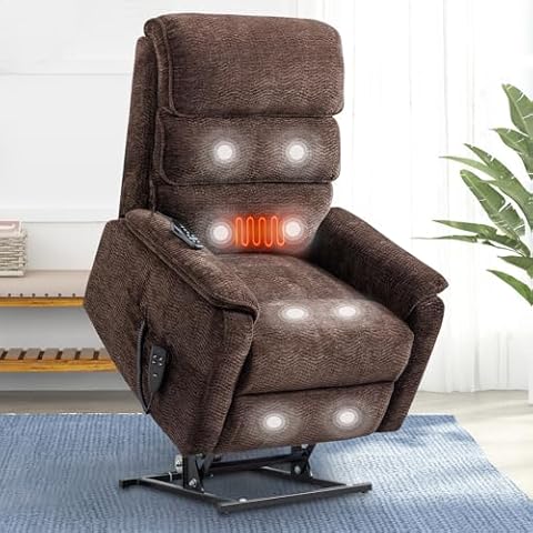 cinkehome Lay Flat Recliner with Massage Heat, Dual Motor Power Lift Chairs Recliner for Elderly, Infinite Position, High Back, Remote Control, Brown Chenille Cover