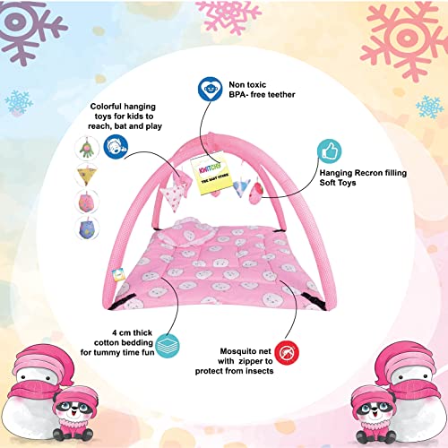 Image of Kwitchy Baby Bedding Set New Born Baby Bed | Mattress | Mosquito Net | Play Gym | Sleeping Bags | Playmats | Cotton | Infants | Gift Combo | Bed with Hanging Toys (0-6 Months) Pink