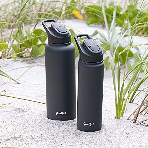 Goodful Double Wall Vacuum Sealed, Insulated Water Bottle with Two Interchangeable Lids, Sipping or Chugging Lids, Leak-Proof, Wide Mouth for Drinking and Cleaning, 40 Oz, Charcoal Gray