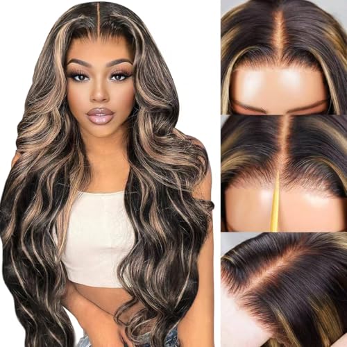 JKD 28inch Blonde Highlight Wear and Go Glueless Wigs Human Hair Pre Cut 220% Density 1B/27 Lace Front Wig Pre Plucked 7x5 Honey Blonde Ombre Wigs With Baby Hair Balayage Wig Human Hair for Women
