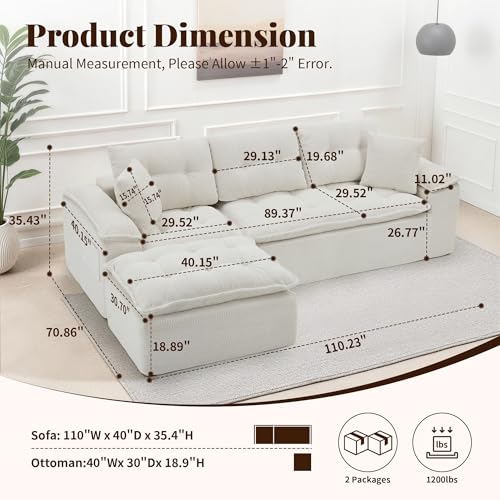 Korser 110" Cloud Sectional Couch with Ottoman, Modern Modular Sectional Sofa with Deep Seat, Upholstered Boneless Couch for Living Room, L Shaped Sofa with Layered Cushion (Beige, No Assembly) - image 2