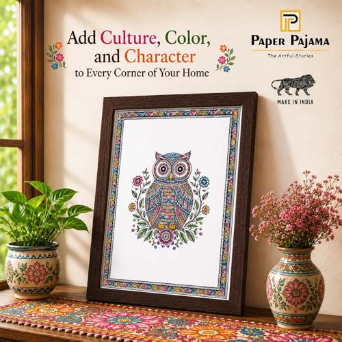 Image of PAPER PAJAMA Owl Wall Art for Living Room | Madhubani Owl Painting | Colorful Folk Art Bird Artwork Framed Decor for Home, Office & Study Room (10x13 Inches)
