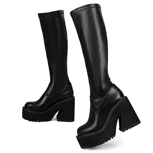 AMINUGAL Womens Elastic Knee High Boots Platform Chunky Block High Heel Sock Boots Zipper Round Toe Fashion Motorcycle Combat Punk Boots For Women - 8.5 - A-black